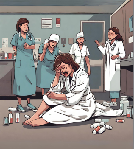 Woman on floor surrounded by medication while nurses watch - AI generated
